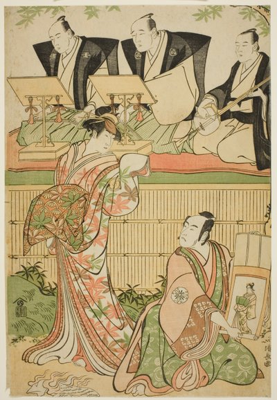 The Actors Matsumoto Koshiro IV as Ukita Sakingo and Sawamura Sojuro III as the ghost of the courtesan Takao, in the play "Ominaeshi Sugata no Hatsuaki," performed at the Nakamura Theater, 1788 作： Torii Kiyonaga