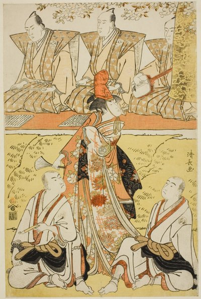 The Actors Segawa Kikunojo III as Koito, Sawamura Sojuro III as the monk Sainenbo, and Ichikawa Monnosuke II as the monk Renseibo, in the shosa "Mata Saku Hana Museume Dojoji," performed at the Nakamura Theater in the fourth month, 1783 作： Torii Kiyonaga