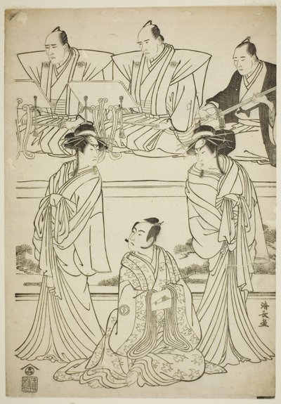The Actors Segawa Kikunojo III as the ghost of Yatsuhashi, Sawamura Sojuro III as Soga no Juro, and Ichikawa Danjuro V as the ghost of Seigen, in the play "Sono Omokage Matsu ni Sakura," performed at the Nakamura Theater in the first month, 1783 作： Torii Kiyonaga