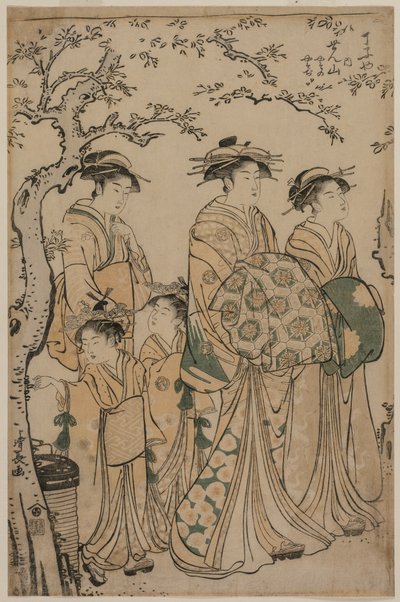 1786年、矢野野加茂郎と八十路と二人の新三と一緒に散歩する長者の遊女山山。 作： Torii Kiyonaga
