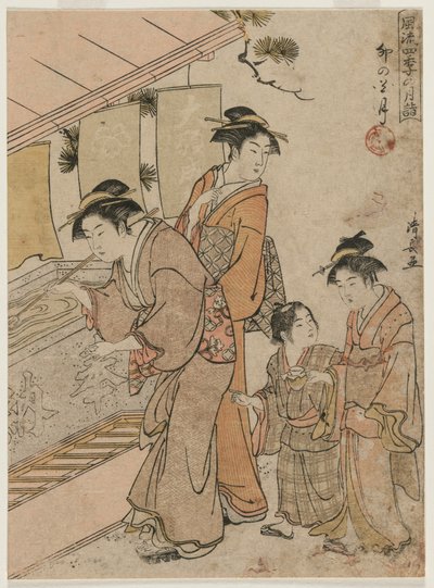 シリーズ「ファッショナブルマンスリーテンプルズフォーテンプルズフォーシーズンズ」の4か月、1784年。 作： Torii Kiyonaga