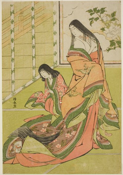 無題の宮廷婦人シリーズより、第三王女と子猫 作： Torii Kiyonaga