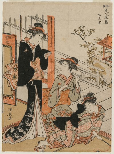 シリーズ「日本の美の簡単なコレクション」（1781年）の3人の女性。 作： Torii Kiyonaga