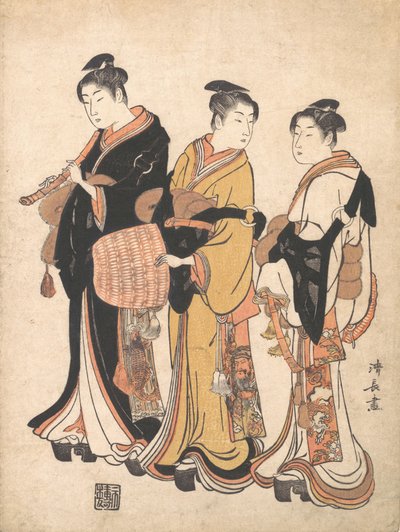 吟遊詩人のコムソを装う 3 人の若い女性、カリフォルニア州。 1778年。 作： Torii Kiyonaga