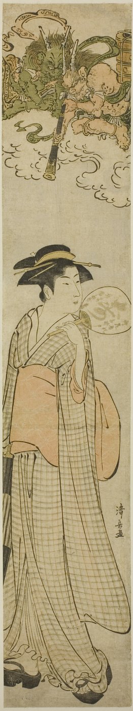 望遠鏡で美人をのぞく雷神 作： Torii Kiyonaga