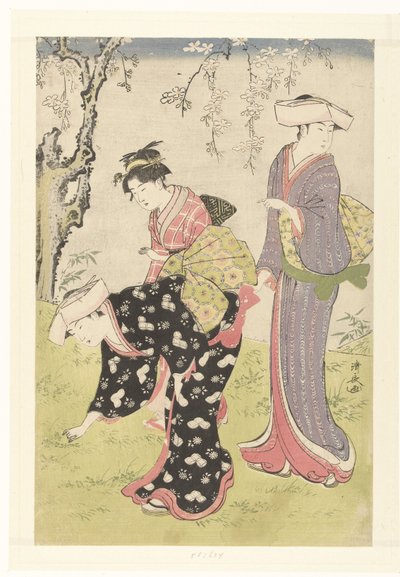 満開の桜の木の下で二人の女性と少女 風情のある錦と東洋の風情（連載タイトル） 風俗東の錦 作： Torii Kiyonaga