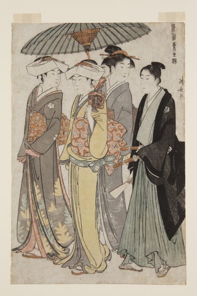 バナーマンの二人の娘と召使の女と若者（カラー木版画 作： Torii Kiyonaga