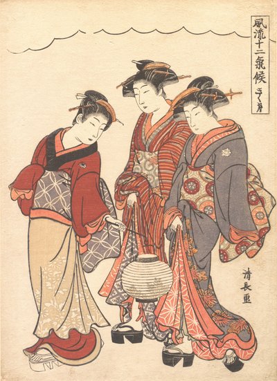 提灯を持った女中が前に立つ 2 人の芸者 1778年。 作： Torii Kiyonaga