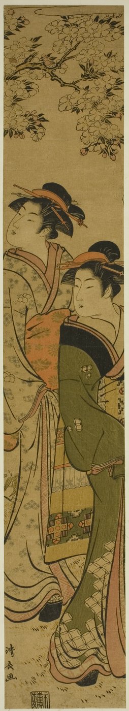 桜の木の下を歩く二人の芸者 作： Torii Kiyonaga