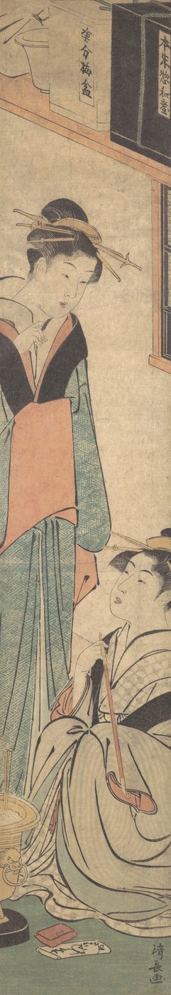 2 人の少女が火鉢の火鍋のそばで話している。 1785年。 作： Torii Kiyonaga