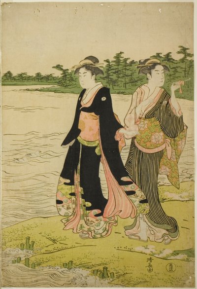 隅田川でフェリーを待つ二人の女性 作： Torii Kiyonaga