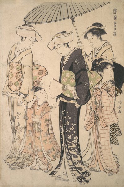 夏服を着た二人の女性が宮詣りのために若い女の子を神社に連れて行く...、ca. 1783年。 作： Torii Kiyonaga