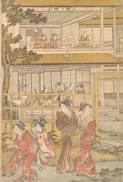 浦之助が一力浄呂屋の女たちと盲目のバフを演じる。 1790年。 作： Torii Kiyonaga