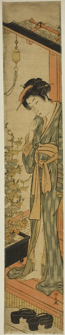 歯を磨きながら朝顔を眺める女性 作： Torii Kiyonaga