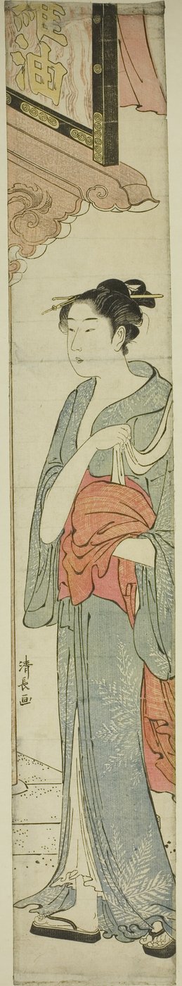 店の看板の下を歩く女性 作： Torii Kiyonaga