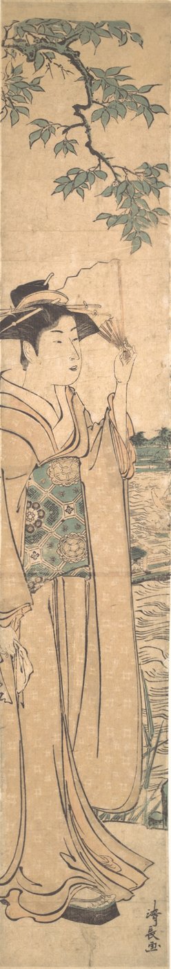隅田川のほとりで扇子を持つ女性。 作： Torii Kiyonaga