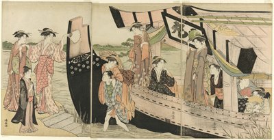 隅田川遊覧船から上陸する女たち 作： Torii Kiyonaga