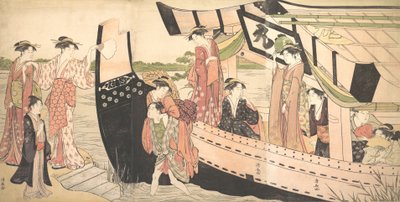 隅田川の向島で岸に引き上げられた遊覧船から上陸する女性たち, ..., ca. 1785年。 作： Torii Kiyonaga