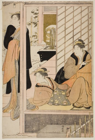 客間から雪の庭を眺める女性たち 作： Torii Kiyonaga