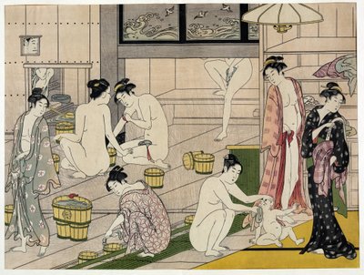 銭湯の女性たち。鳥居清長（1752-1815）による1785年頃の日本の版画。鳥居派（浮世絵または浮世絵）。 作： Torii Kiyonaga