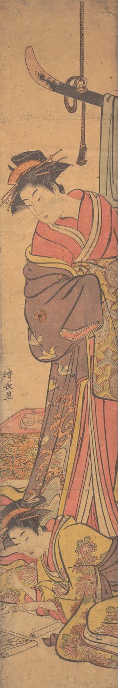 手紙を書いている別の人の肩越しに見ている若い女性。 作： Torii Kiyonaga