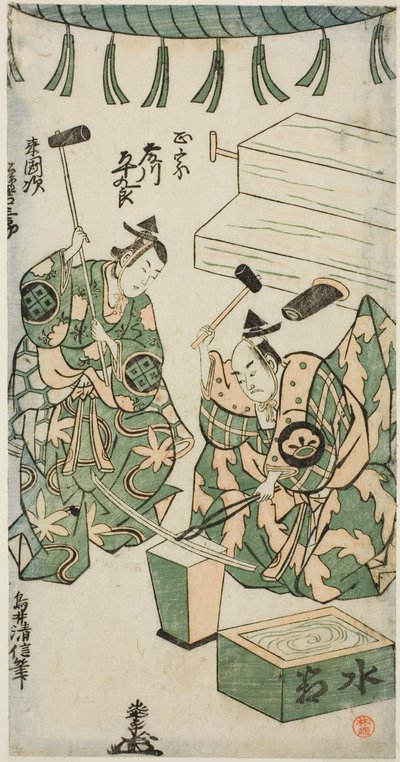 The Actors Fujikawa Heikuro as Masamune and Matsushima Kichisaburo as Rai Kunitsugu in the play "Shin Usuyuki Monogatari," performed at the Nakamura Theater in the sixth month, 1746 作： Torii Kiyonobu II