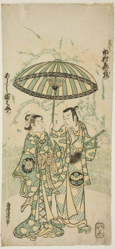 The Actors Ichimura Kamezo I as Kanto Koroku and Arashi Tominosuke I as Hayasaki in the play "Hokazo Yunzei Hachinoki," performed at the Ichimura Theater in the eleventh month, 1748 作： Torii Kiyonobu II
