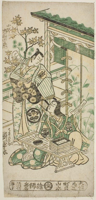 The Actors Ichimura Uzaemon VIII as Oguri Hangan and Segawa Kikunojo I as Terute no Mae in the play "Mangetsu Oguri Yakata," performed at the Ichimura Theater in the eighth month, 1747 作： Torii Kiyonobu II