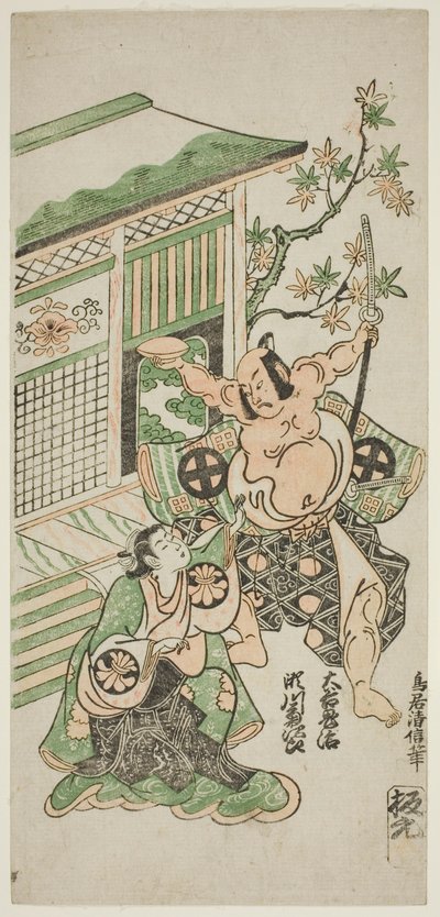 延享4年（1747年）11月、市村座で上演された『朱世紅葉狩』の信綱の妻・かるも役の初代瀬川菊次郎と田原又太郎役の初代大谷鬼次。 作： Torii Kiyonobu II