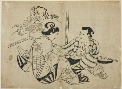 スクリーンの前で手紙を読む、無題の 12 枚の版画シリーズから 作： Torii Kiyonobu I