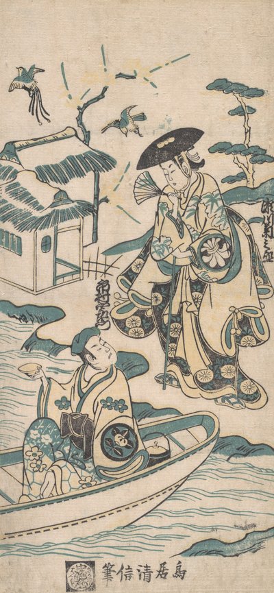ドラマのワンシーン、おそらく道成寺娘。 1744年。 作： Torii Kiyonobu I