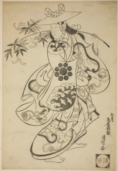 1698年3月、中村座で上演された舞台『関東紅六』で、初代沢村光傳次が露の前（？） 作： Torii Kiyonobu I