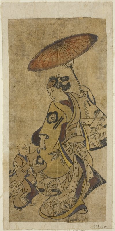 俳優 松本兵庫は傘をさす女、初代中村七三郎は少年 作： Torii Kiyonobu I
