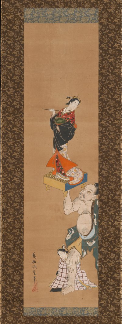 碁盤の上で娼婦の傀儡を持ち上げる朝比奈義秀、18世紀中頃。 作： Torii Kiyoshige