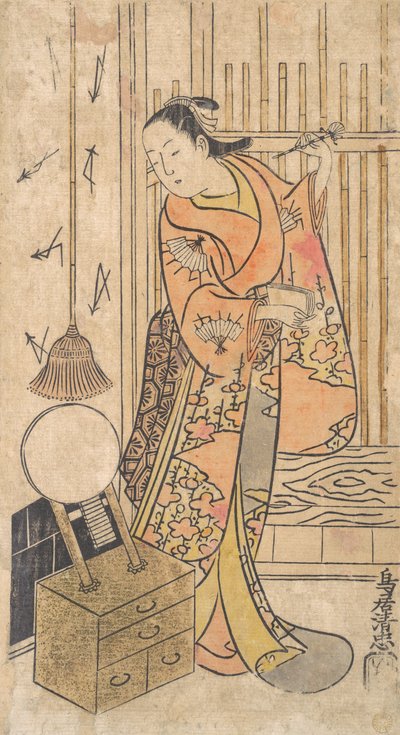 鏡台のそばに立つ女性役の俳優。 1735年。 作： Torii Kiyotada