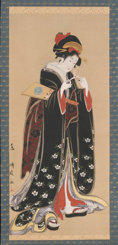 羽子板とシャトルコックを持つ女性、1815年から20年。 作： Torii Kiyotomo
