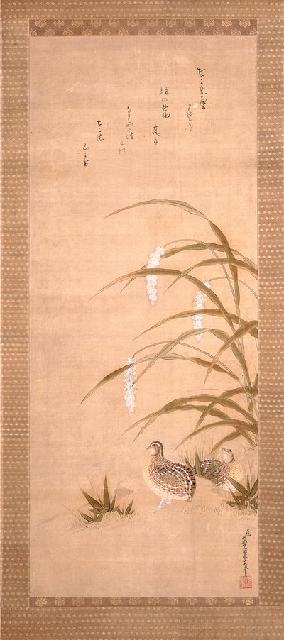 Viiriäinen ja hirssi (muste ja väri silkillä) 作： Tosa Mitsunari