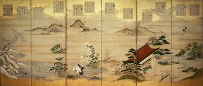 六曲屏風十二月鳥花屏風（紙本墨、彩色、金箔） 作： Tosa Mitsunari