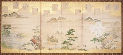 Kuusi paneelinäyttöä kahdentoista kuukauden linnuilla ja kukilla (muste, väri ja kultalehti paperilla) 作： Tosa Mitsunari