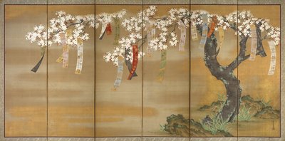 桜と秋のもみじの詩のスリップ、1654-81 作： Tosa Mitsuoki