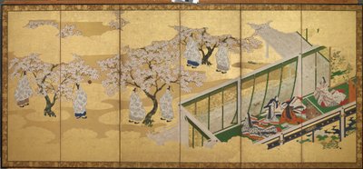 <em>源氏物語</em>、第 34 章。 柏木が第三皇女を目撃 作： Tosa Mitsuoki