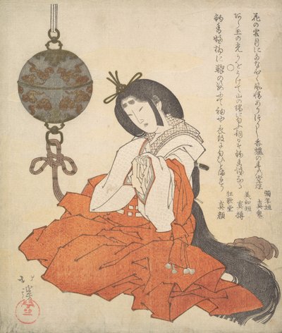 灌頂宮廷女官の着席と頭に吊るされたつりころ 1825年。 作： Totoya Hokkei