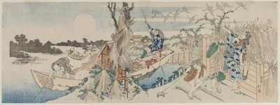 フェリー ボート、ガチョウ、満月のある風景、1830 年代初頭。 作： Totoya Hokkei