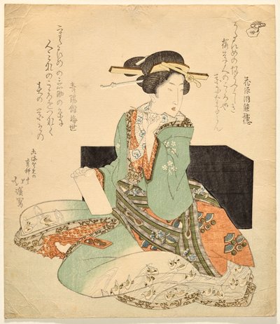 泳ぐ海千鳥をモチーフにした装飾が施されたローブを着て座っている歌い手 作： Totoya Hokkei