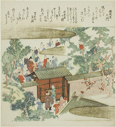 元旦に信者の家の門に集まった訪問者たち 作： Totoya Hokkei