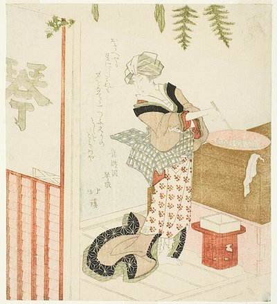 店で豆を料理する女性 作： Totoya Hokkei
