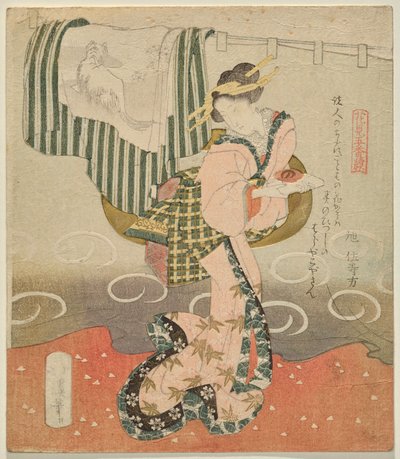 緞帳の前で盃を持ち、「花見五枚」の着物を羽織る女性 作： Totoya Hokkei