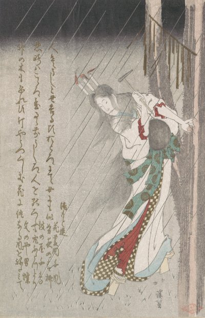 真夜中の雨の中、木に釘を打って自分の体に悪を呼び起こす女性、19 世紀。 作： Totoya Hokkei