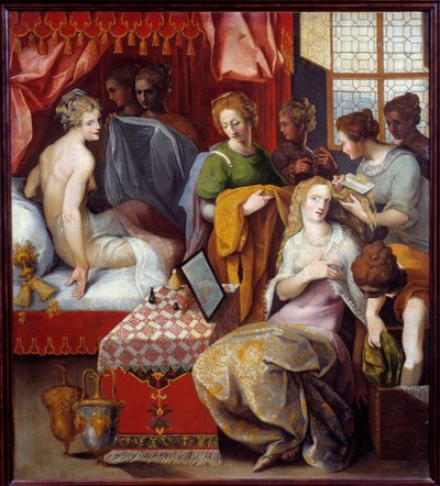 Hyante et Clymene a leur toilette ヒャンテ（ヒャンテ）とクリュメネは、フランカスを追放したクレタ島の王の二人の娘で、この英雄に恋しており、誘惑のためにトイレで忙しくしている。 作： Toussaint Dubreuil