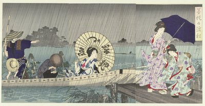 隅田川堤間のフェリー 墨亭の渡し舟 作： Toyohara Chikanobu